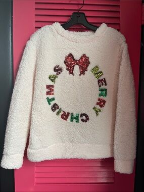 Cream Sherpa Christmas Pullover Sweater with Sequin Wreath